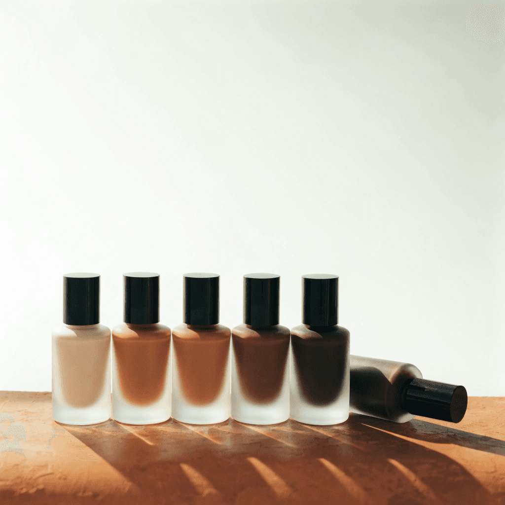 A range of foundation shades, one bottle knocked over