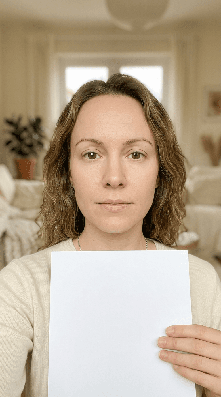 A shopper holding white paper to their front camera